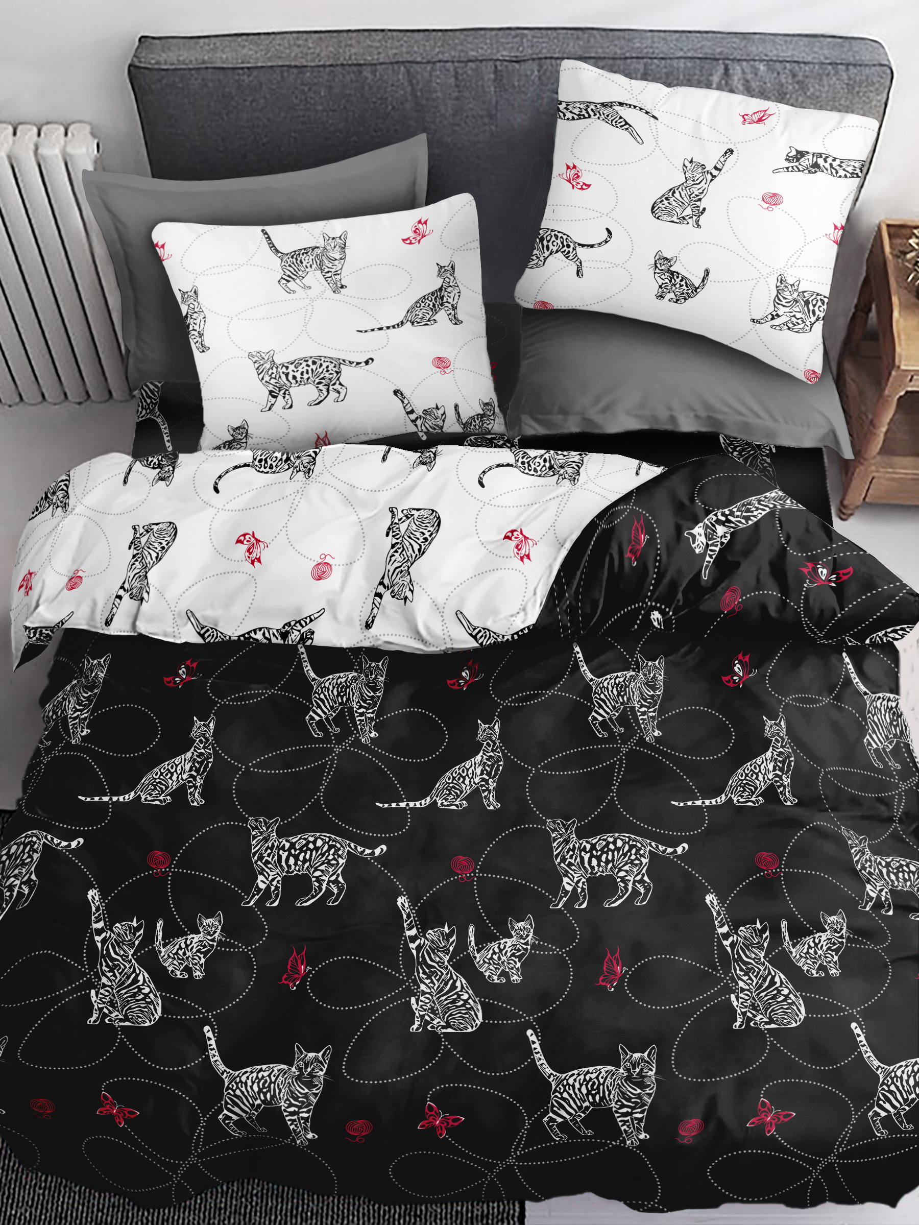 фото Комплект постельного белья sweet sleep, поплин, евро, кошки игра, наволочки 50х70 павлина