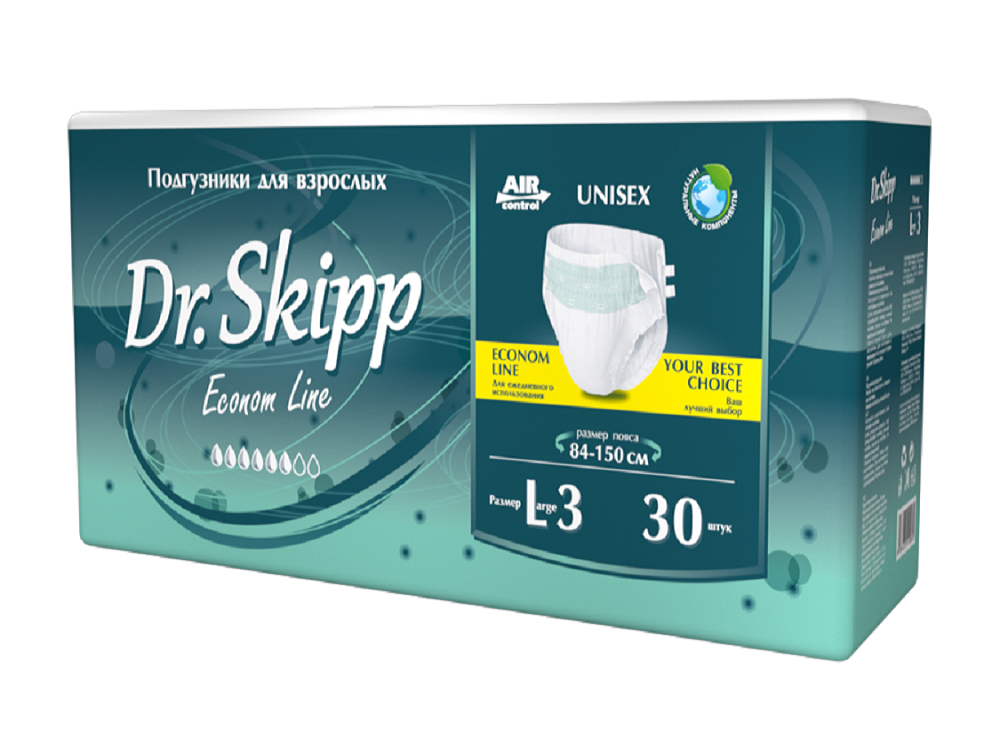 фото Подгузники для взрослых dr. skipp econom line, размер l-3 84-150 см 30 шт dr.skipp