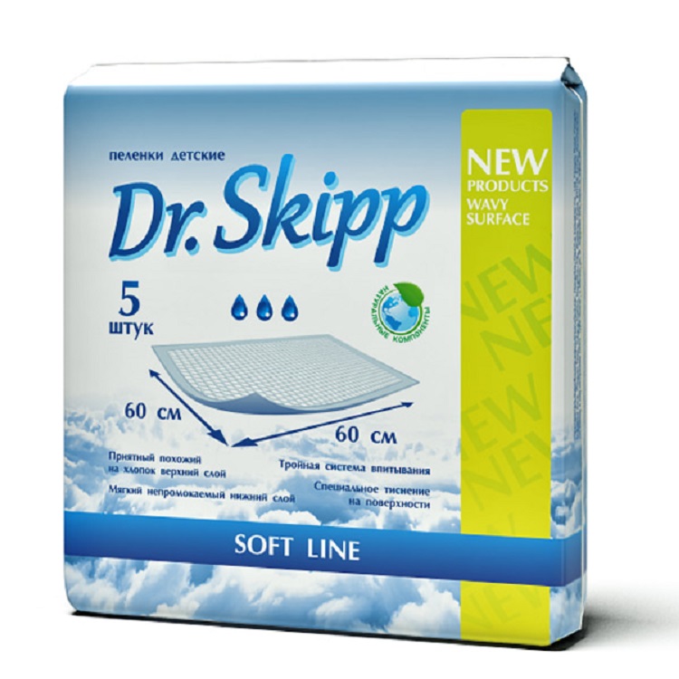 

Пеленки гигиенические супервпитывающие одноразовые Dr.Skipp 60x60, 5 шт., Soft Line