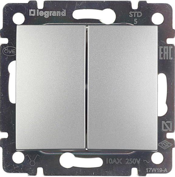 

LEGRAND Valena 694337 выключатель двухклавишный с/у алюминий, Серебристый, LEGRAND Valena 694337 выключатель двухклавишный с/у алюминий