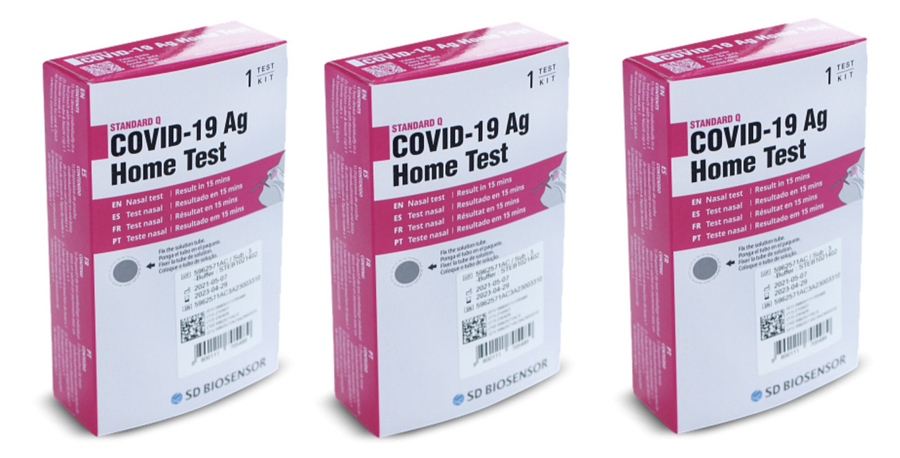 Купить STANDARD Q COVID-19 Ag Home Test, Тест на коронавирус SD BIOSENSOR Q COVID-19 Ag Home Test по мазку из носа 3 шт., белый; розовый