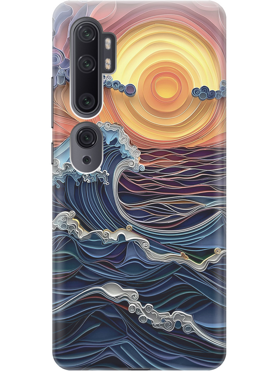 

Силиконовый чехол на Xiaomi Mi Note 10/Note 10 Pro с принтом "Волны на закате", Прозрачный;оранжевый;синий, 722362010