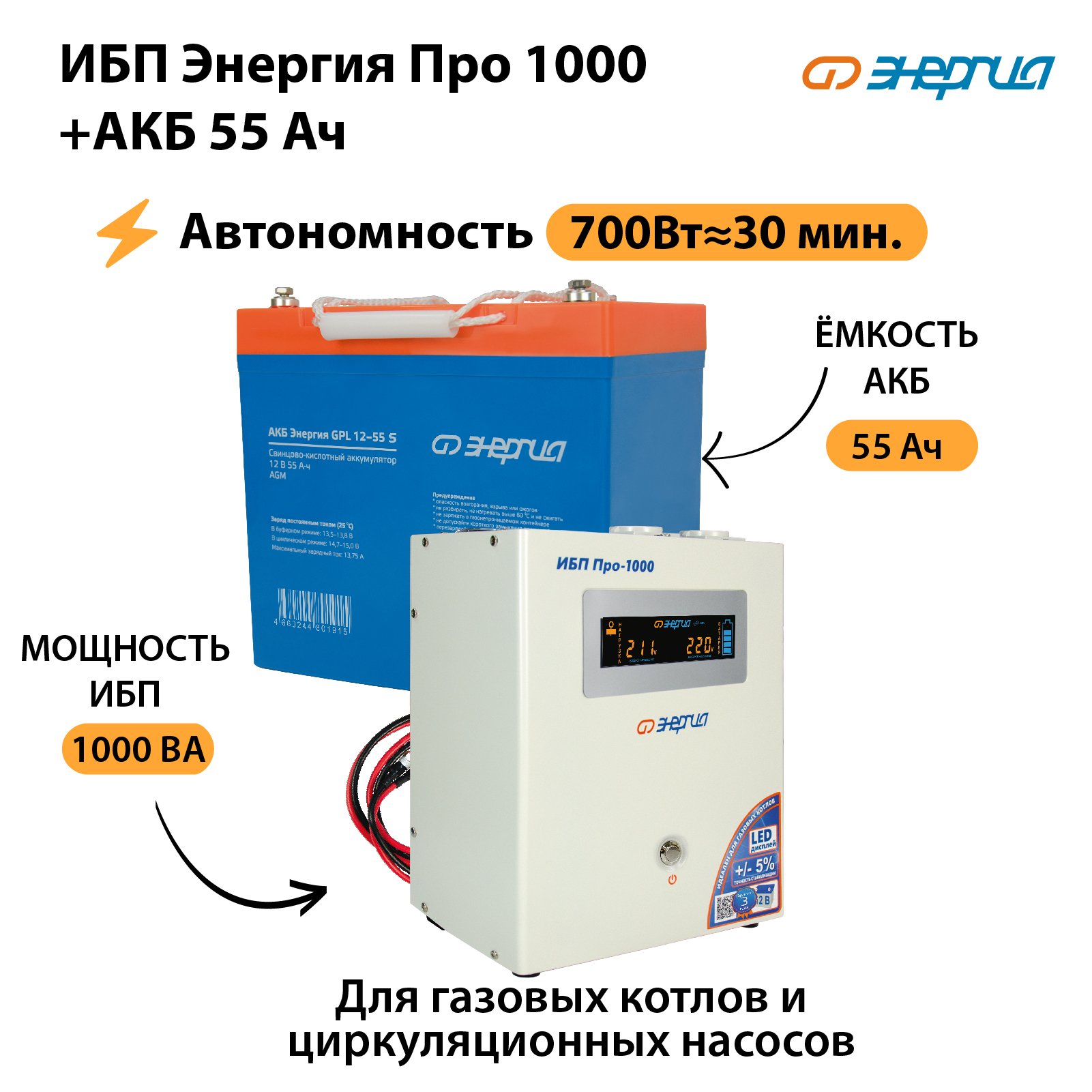 Источник бесперебойного питания Энергия ИБП Энергия Про 1000 + Аккумулятор (N0201-0029-08)