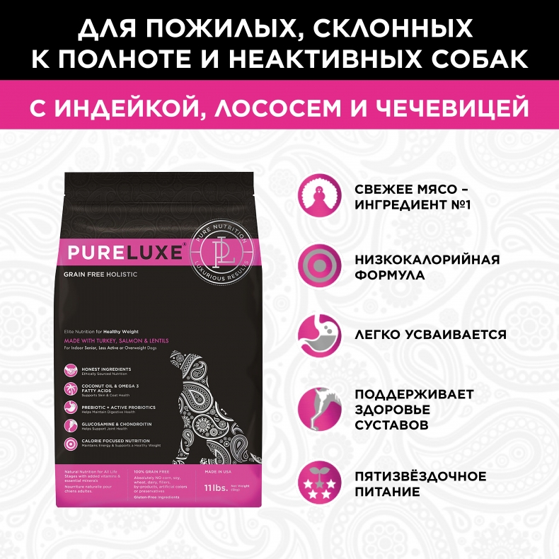 Сухой корм для собак PureLuxe GF Holistic, для нормализации веса, индейка, лосось, 10,89кг