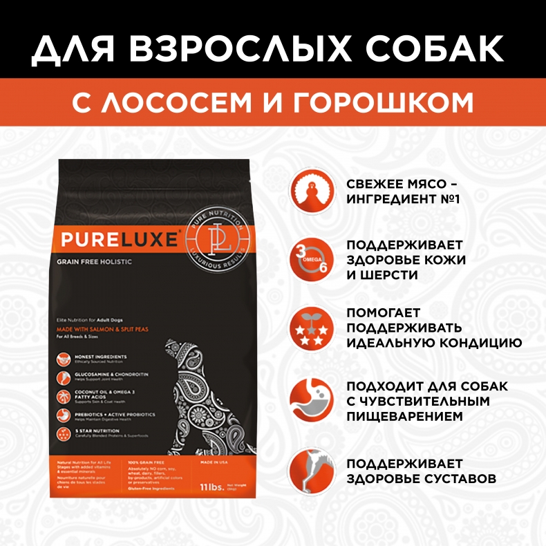 Сухой корм для собак PureLuxe GF Holistic, лосось, горошек, 1,81кг