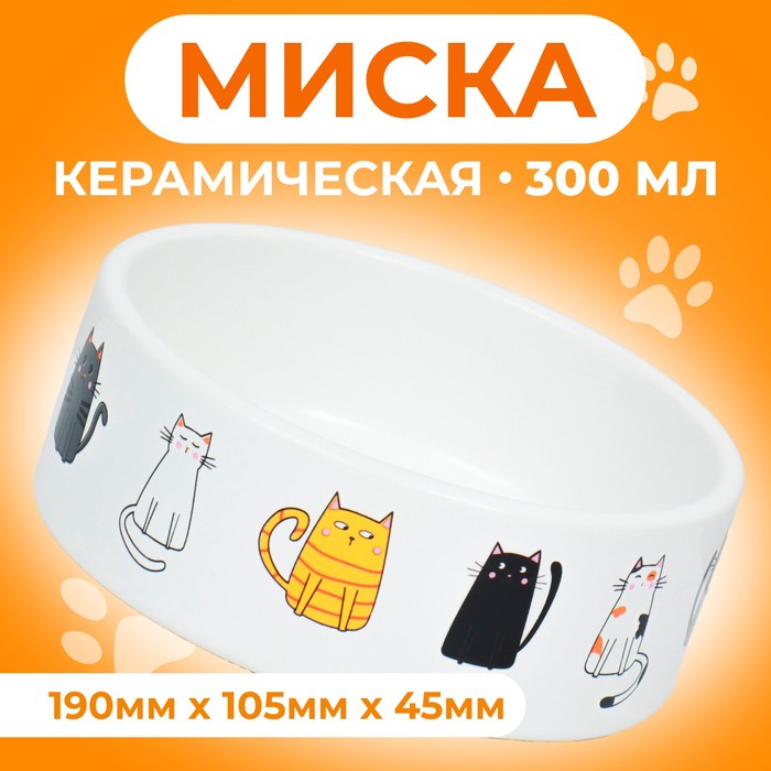 

Миска для кошек Пижон Котяры, белая, керамика, 300 мл, 12,5 x 4,5 cм, Белый, Котяры