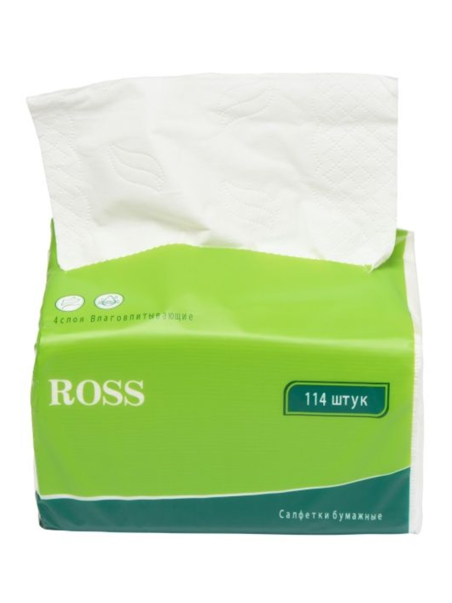 

Салфетки бумажные ROSS в мягкой упаковке, 6 упаковок по 114 шт, Белый, 1090994060