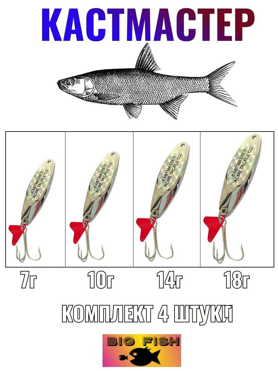 

Кастмастер Биг Фиш 7,10,14,18 грамм - набор 4 штуки, Серебристый