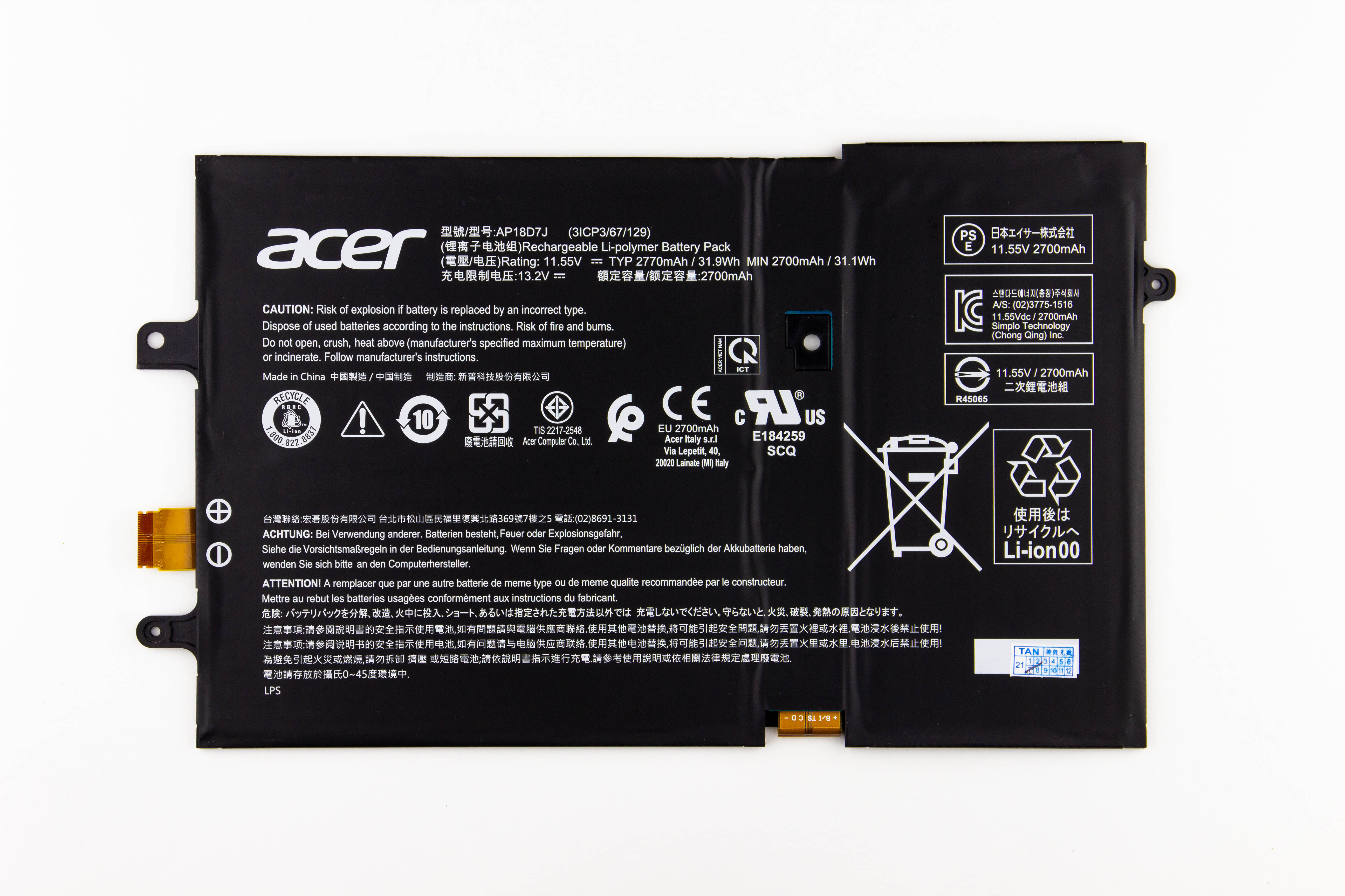 

Аккумулятор для ноутбука Acer SF713 SF714 ORG (11.55V 2700mAh) AP18D7J