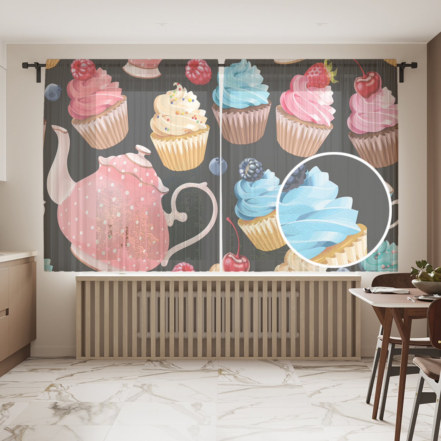 

Фототюль JoyArty "Пирожные с ягодами", 145x180см (2 полотна с лентой + 50 крючков), Пирожные с ягодами