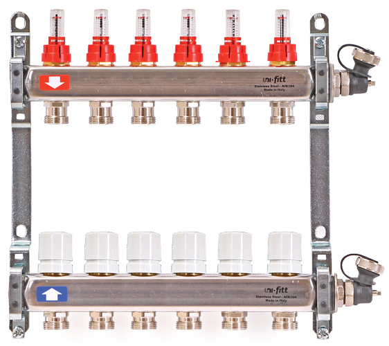 фото Коллекторная группа uni-fitt 1" х 6 вых 3/4" с расходомерами и вентилями, нерж. сталь