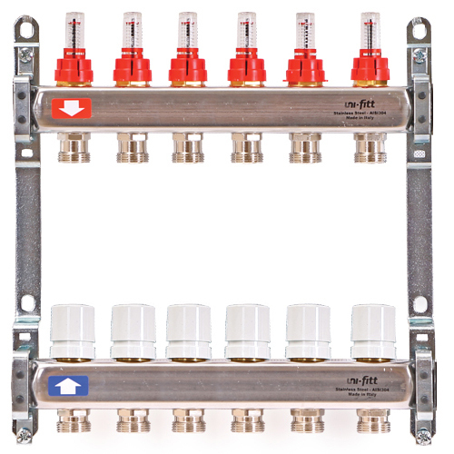 фото Коллекторная группа uni-fitt 1" х 6 вых 3/4" с расходомер. и вентил. без конц, нерж. сталь