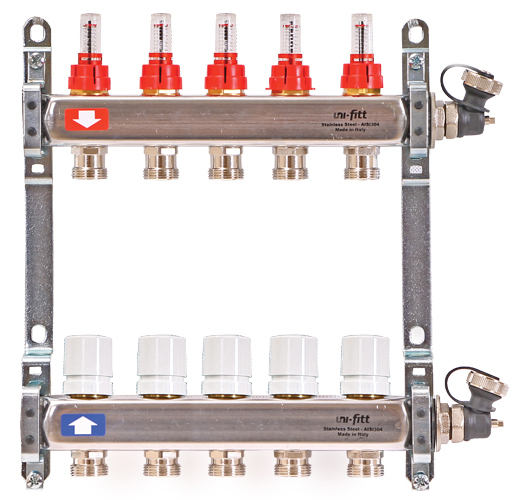 фото Коллекторная группа uni-fitt 1" х 5 вых 3/4" с расходомерами и вентилями, нерж. сталь