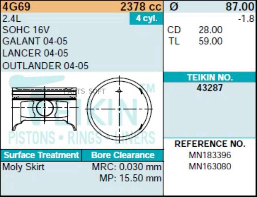 

TEIKIN 43287STD Поршень без колец Mitsubishi 4G69 d87.0 STD (MN183396) (на 4 цил.) 4шт