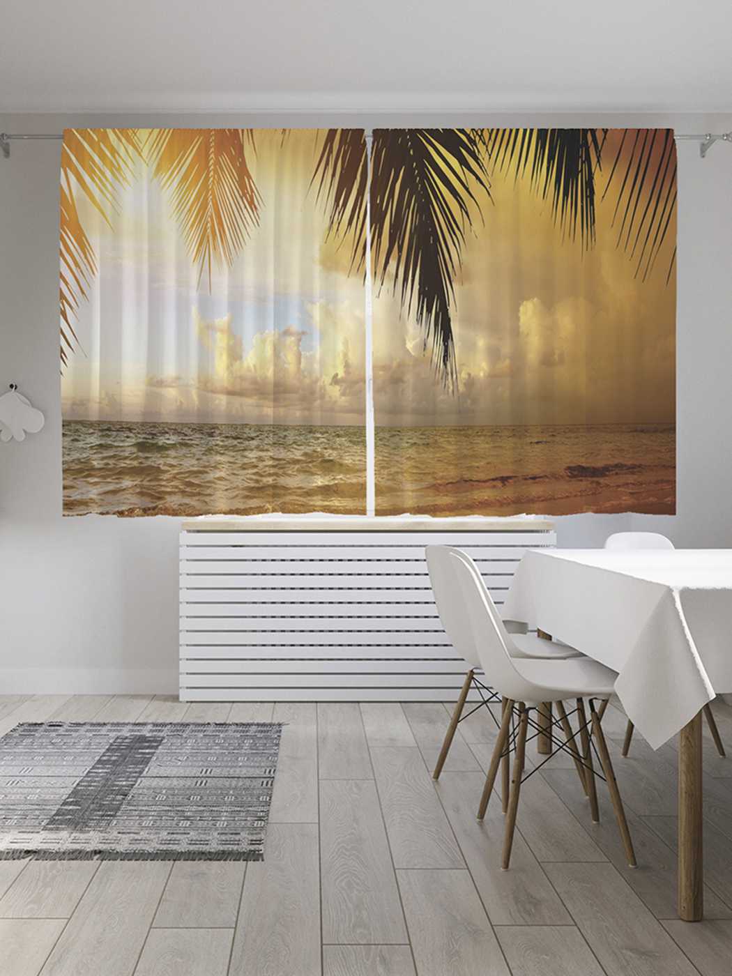 

Классические шторы JoyArty "Рассвет на пляже у пальмы", Oxford DeLux, 2 полотна 145x180 см, Рассвет на пляже у пальмы