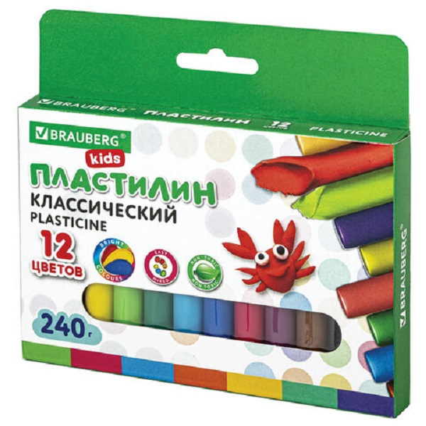 

Пластилин классический для лепки для детей Brauberg Kids, набор 12 цветов, 240 г, Разноцветный, 228