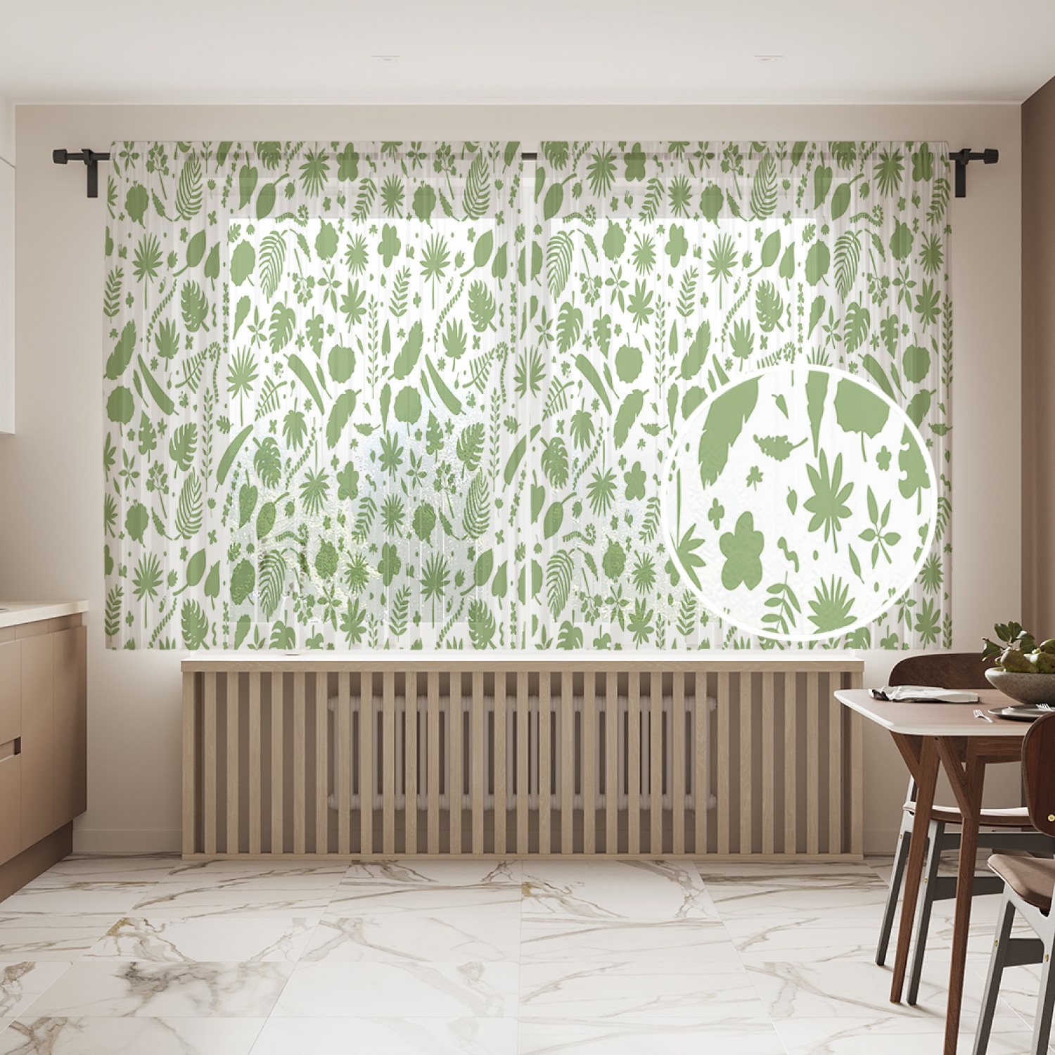 

Фототюль JoyArty "Оттиски тропических листьев" 145x180см (2 полотна с лентой + 50 крючков), Оттиски тропических листьев