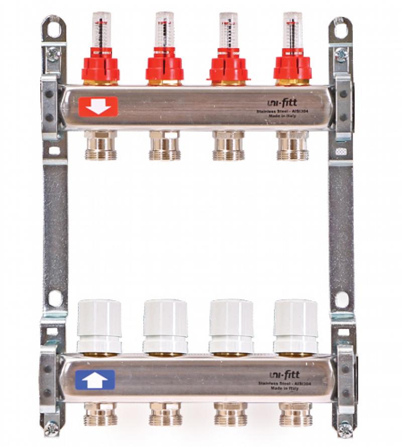 фото Коллекторная группа uni-fitt 1" х 4 вых 3/4" с расходомер. и вентил. без конц, нерж. сталь