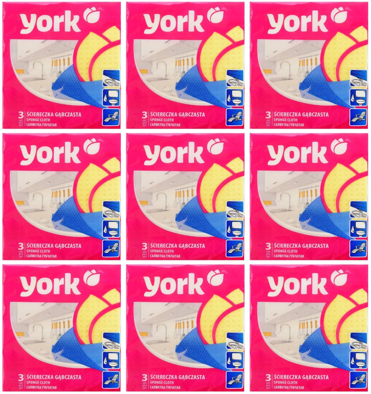 Салфетки для уборки York губчатые влажные 3шт/уп 9 уп