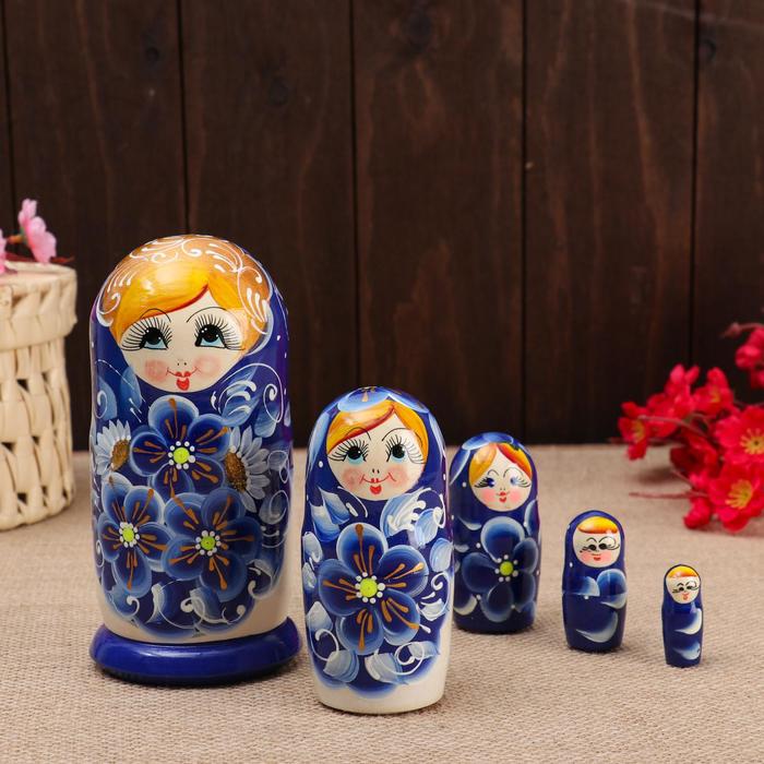 

Матрёшка 5-ти кукольная "Нина" синяя , 14-15см, ручная роспись., Художественная матрёшка