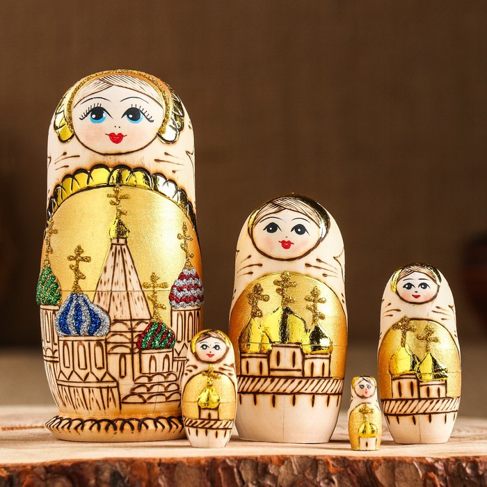 

Матрёшка «Храм», желтый фон, 5 кукольная, жженка