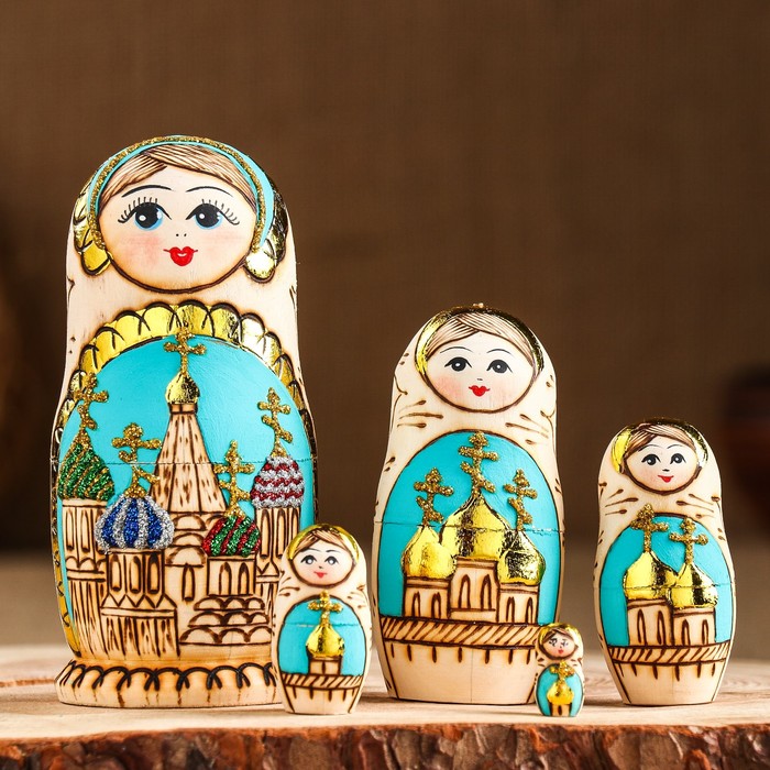 

Матрёшка «Храм», синий фон, 5 кукольная, жженка