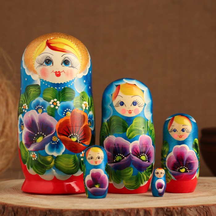 

Матрешка "Цветы", 5 кукольная, сине-красная