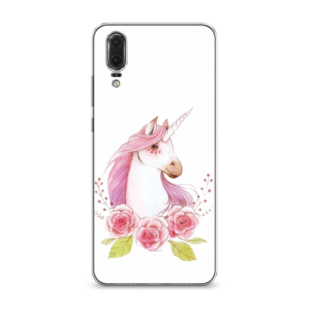 

Чехол на Huawei P20 "Единорог цветы", Белый;розовый;серый, 64350-1