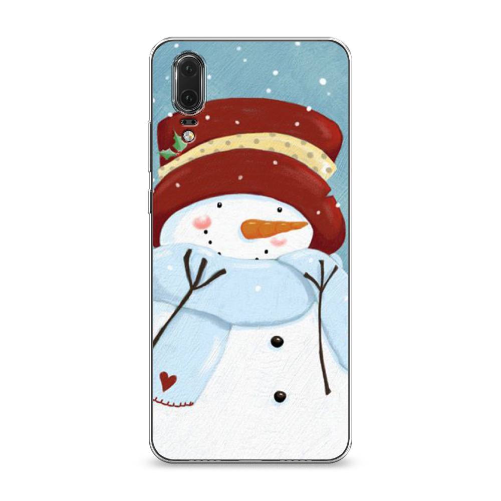 

Чехол на Huawei P20 "Застенчивый снеговик", Голубой;белый;красный, 64350-5