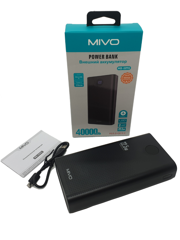 

Внешний аккумулятор 40000 mAh MIVO, LED дисплей заряда, быстрая зарядка, черный, MB-4000Q