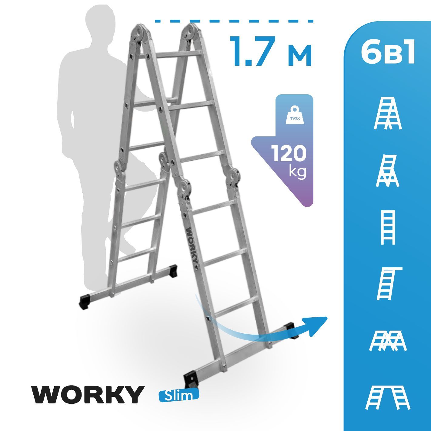 фото Стремянка-трансформер worky slim 4х3 ard258099 высота 1,7м