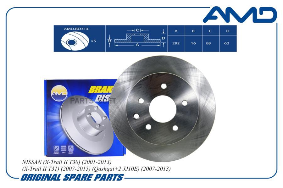 

Диск тормозной задний nissan qashqai/x-trail (t31)/vent d=292mm amd amd.bd314