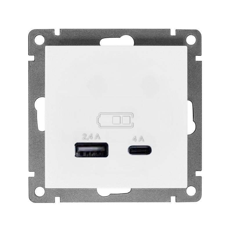 

Розетка 2-м USB СП Афина 5В тип А(2.4А)+С(4А) механизм бел. Universal А0059, Белый