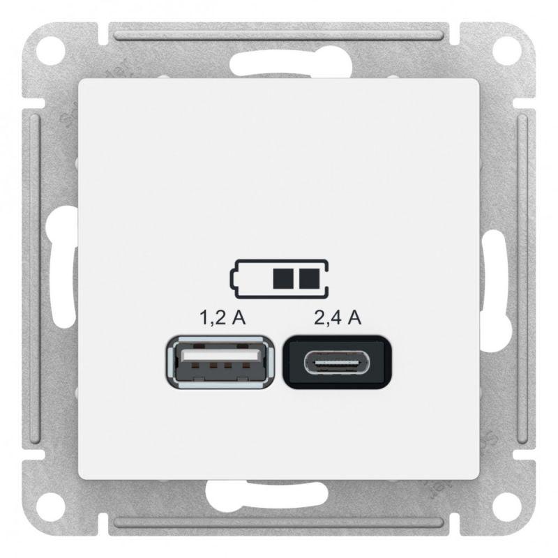 фото Механизм розетки usb atlasdesign a+с 5в/2.4а 2х5в/1.2а бел. sche atn000139 schneider electric