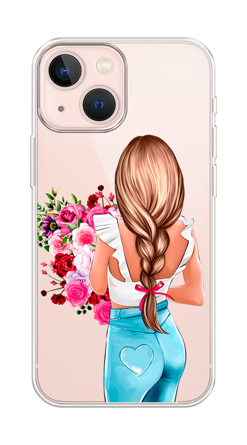 

Чехол на Apple iPhone 13 mini "Девушка с цветами", Коричневый;розовый;голубой, 14150-6