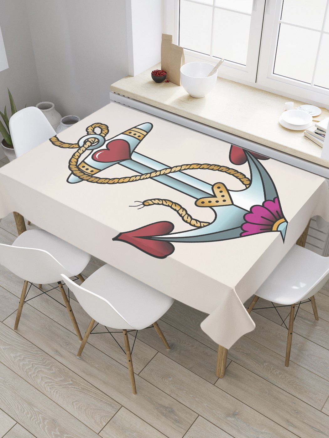 

Скатерть прямоугольная JoyArty "Праздничный якорь" из сатена, 180x145 см, Бежевый, Праздничный якорь