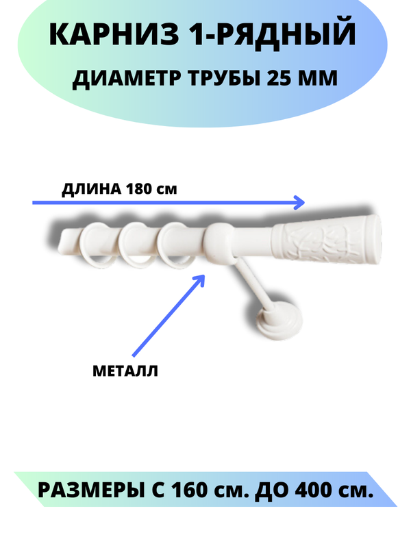 

Карниз металлический Египет, 1-рядный, гладкий, D-25 мм., цвет белый, 1,8 м., Египет