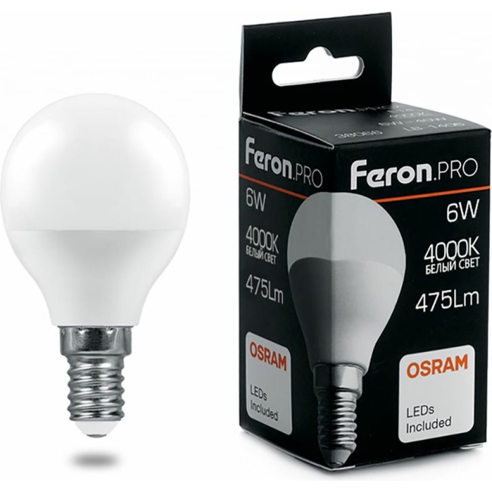 

Светодиодная лампа FERON PRO LB-1406 Шарик E14 6W 4000K OSRAM LED 38066