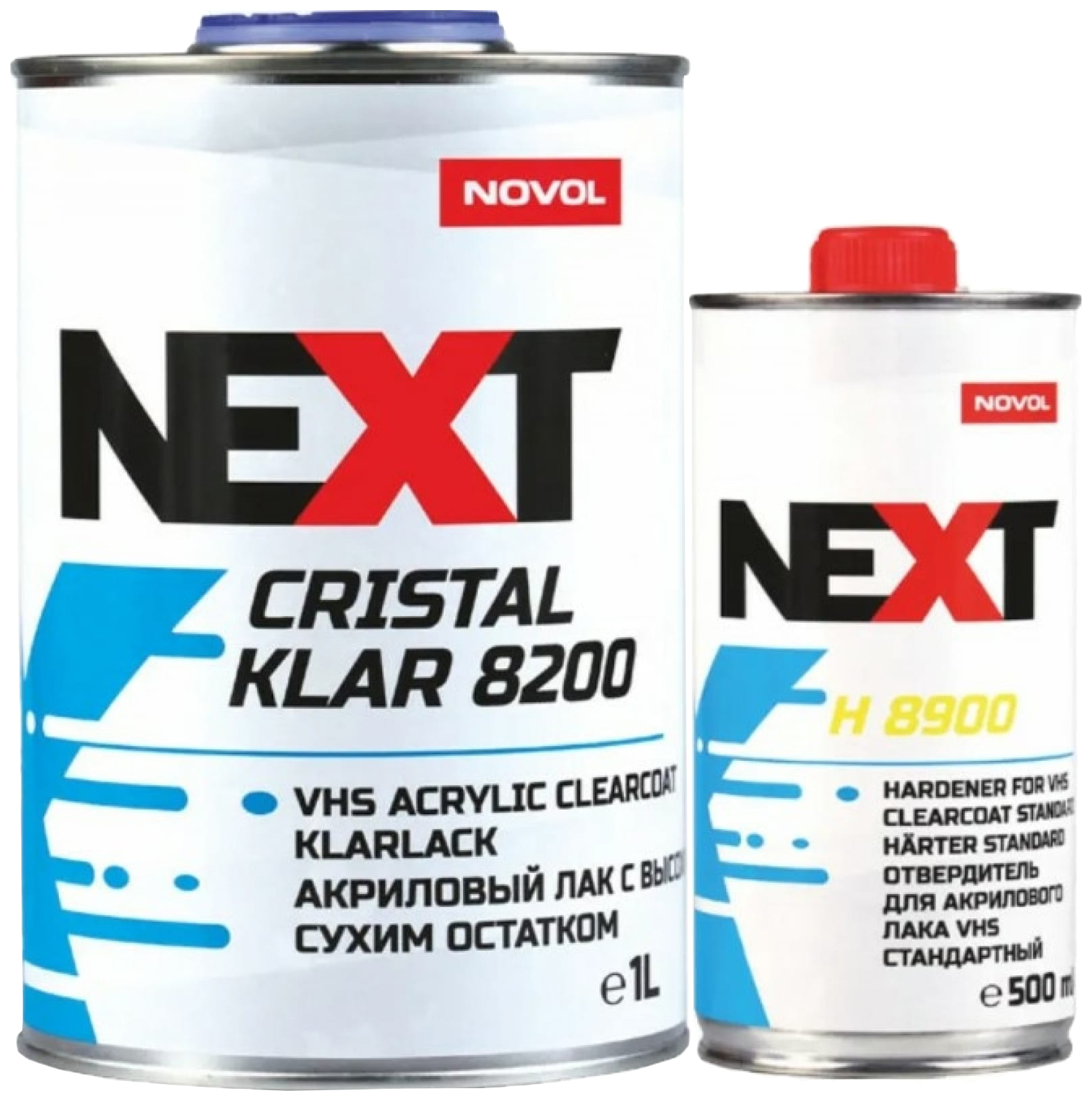 фото Novol лак "next cristal klar 8200", 2к, акриловый, vhs, 2+1, эффект "самозатягивания", 1 л