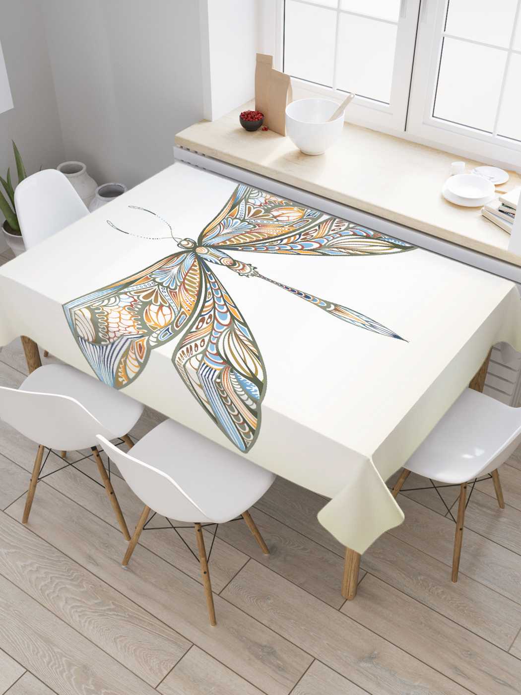 

Скатерть прямоугольная JoyArty "Узорчатая стрекоза" из оксфорда, 180x145 см, Белый, Узорчатая стрекоза