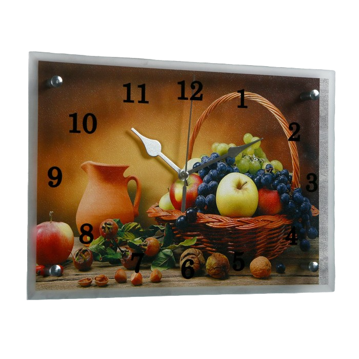 Настенные часы из серии Кухня, модель Фруктовая корзинка, размер 25 на 35 сантиметров.