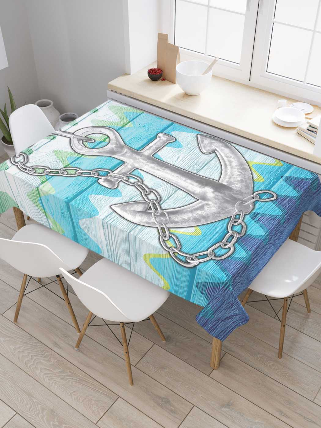 

Скатерть прямоугольная JoyArty "Якорь на зигзагах" из оксфорда, 180x145 см, Голубой, Якорь на зигзагах