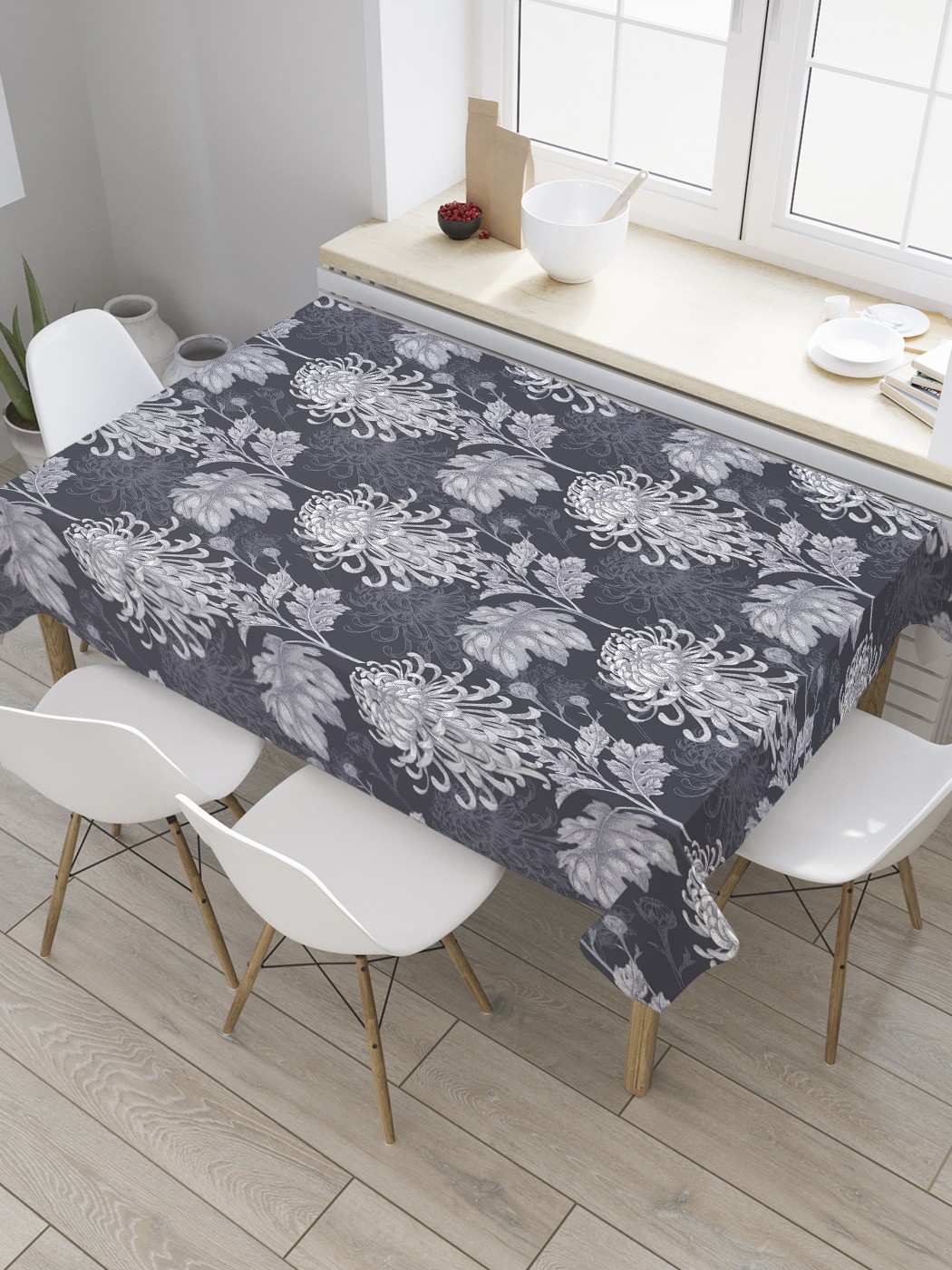 

Скатерть прямоугольная JoyArty "Пышные хризантемы" из сатена, 180x145 см, Серый, Пышные хризантемы