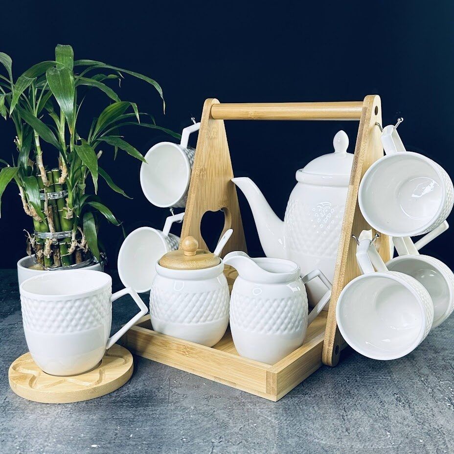 

Чайный сервиз на 6 персон 10 предметов Lenardi Bamboo чайник, кружки, сахарница, молочник, Белый