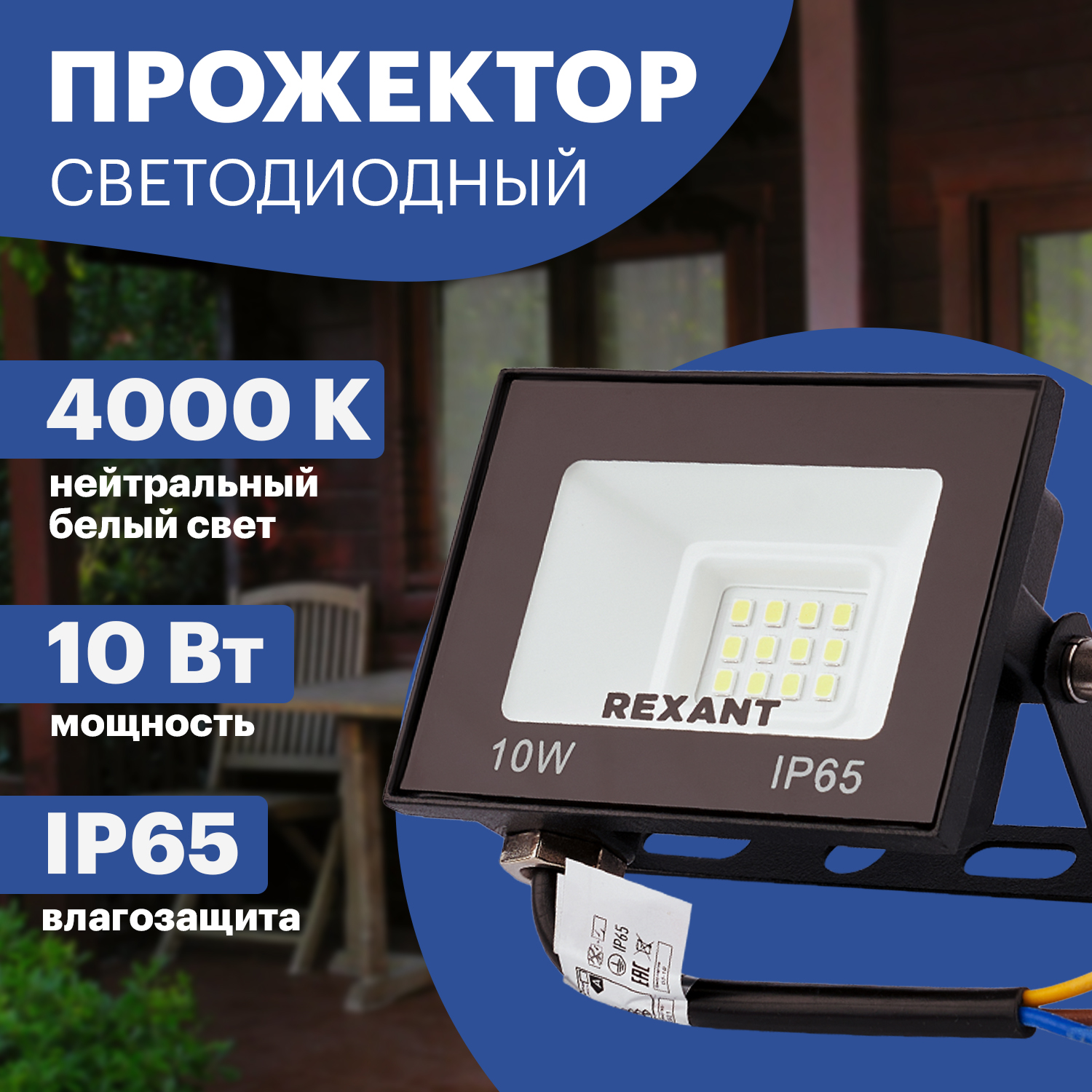 REXANT Прожектор светодиодный LED 10 Вт 800 Лм 4000 K черный корпус 605-036