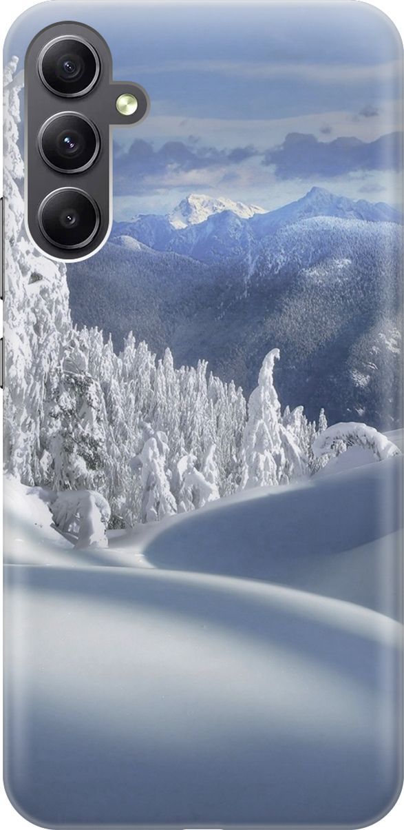 

Чехол на Samsung Galaxy A34 5G "Заснеженный лес и горы", Белый;голубой, 158711