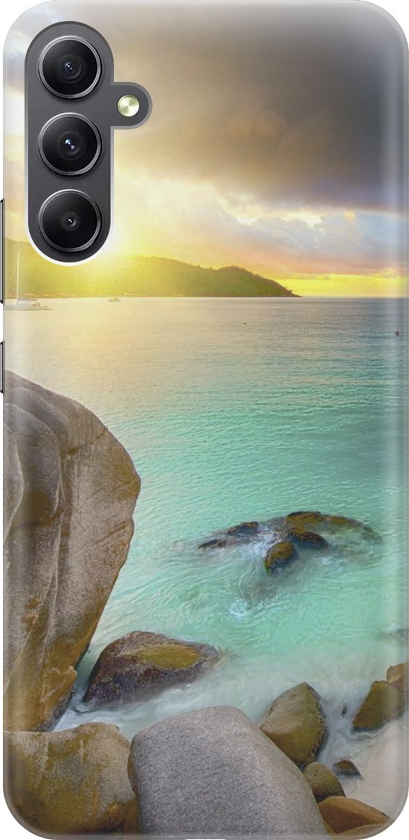 

Чехол на Samsung Galaxy A34 5G "Закат на каменистом берегу", Бирюзовый;желтый, 158716