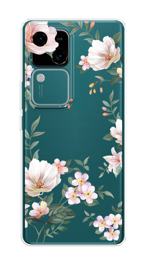 

Чехол на Vivo V30/S18 "Beautiful white flowers", Бежевый;зеленый, 2610150-1