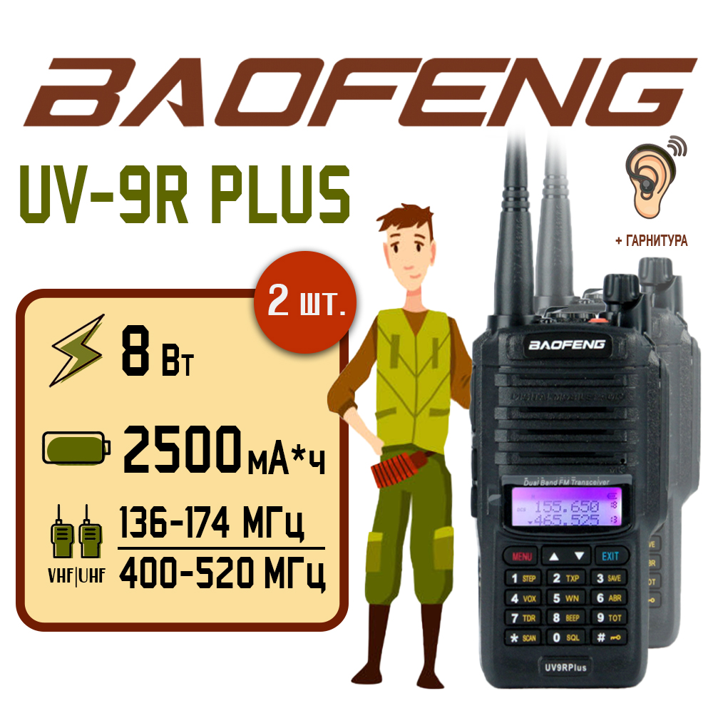 

Портативная радиостанция Baofeng UV-9R Plus 8 Вт / Черная комплект 2 шт / UHF; VHF, Черный, UV-9R Plus (8W) IP67