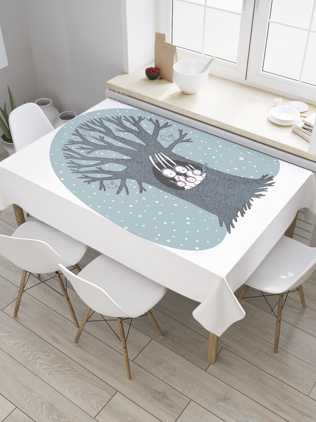 

Скатерть прямоугольная JoyArty "Зайцы в дупле дуба" из сатена, 180x145 см, Голубой, Зайцы в дупле дуба